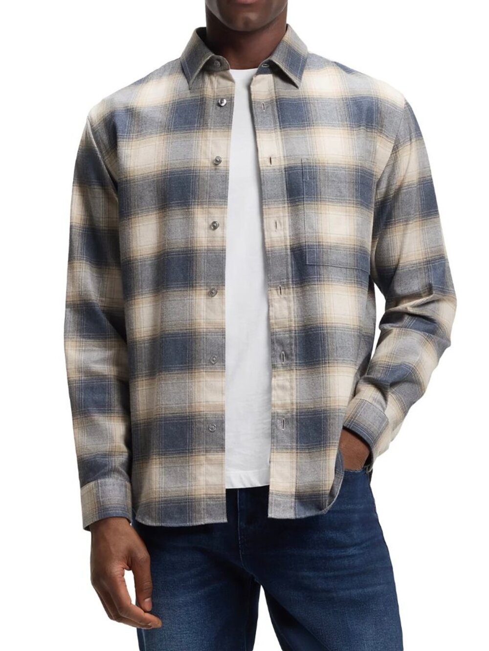 BOSS Hugo Boss Owen Plaid Flannel Overshirt Open Blue Mens Button Up Shirt 179
